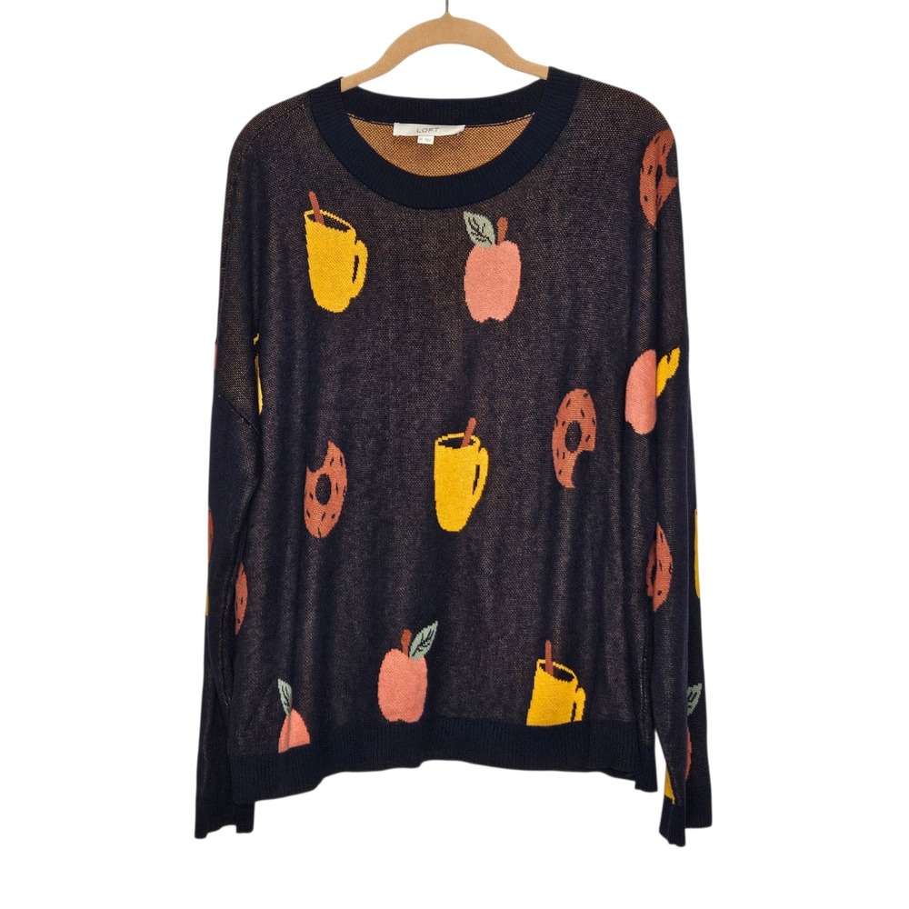 LOFT Womens XL Apples Cider Donuts Autumn Novelty Long Sleeve Sweater Top Coffee